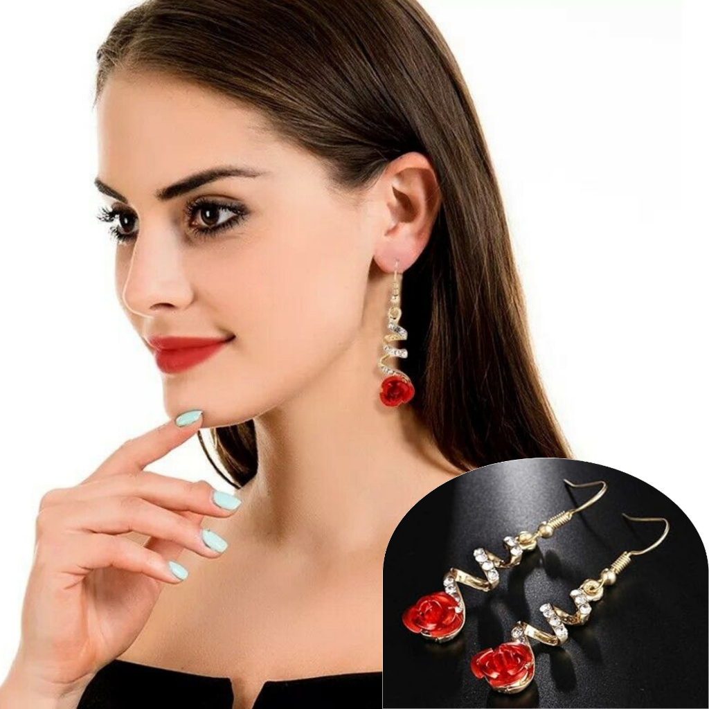 Brinco Rosas Flor Feminino Strass Pedra Festa Casamento Luxo