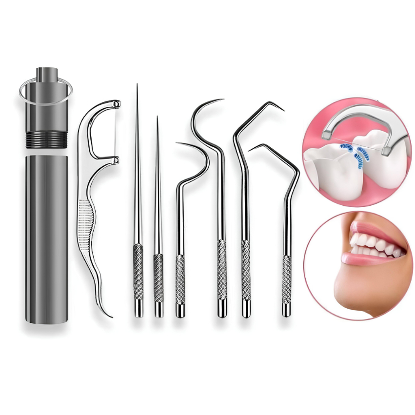 Kit 7 Peças De Limpeza Dental Aço Inoxidável + Frasco de Armazenamento
