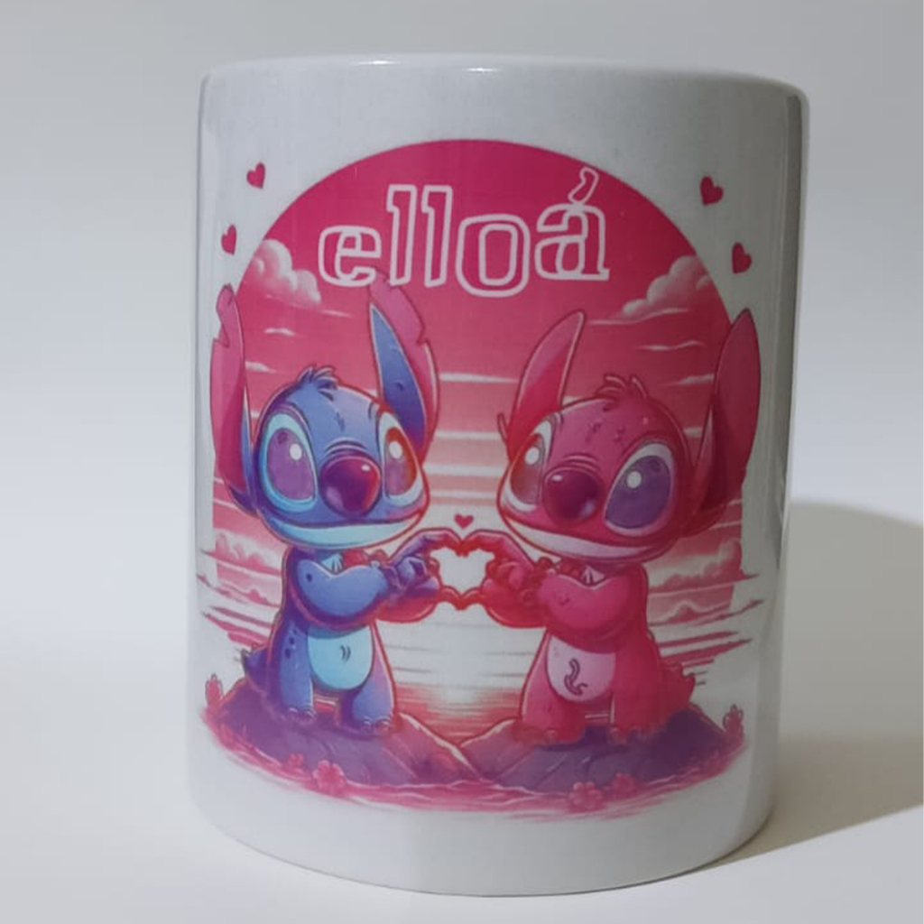 Caneca Personalizada Stitch & Angel Um Abraço de Amor Com Seu Nome