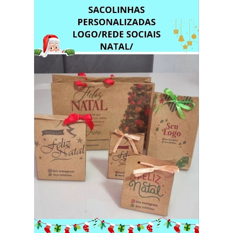 10 SACOLAS KRAFT/ CRAFT NATAL PERSONALIZADA LOGO/REDE SOCIAS vários tamanhos papelaria/papel