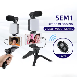 Tripé Estabilizador de Mão kit 5 em 1 gimbal Microfone Celular Gravação De Vídeo