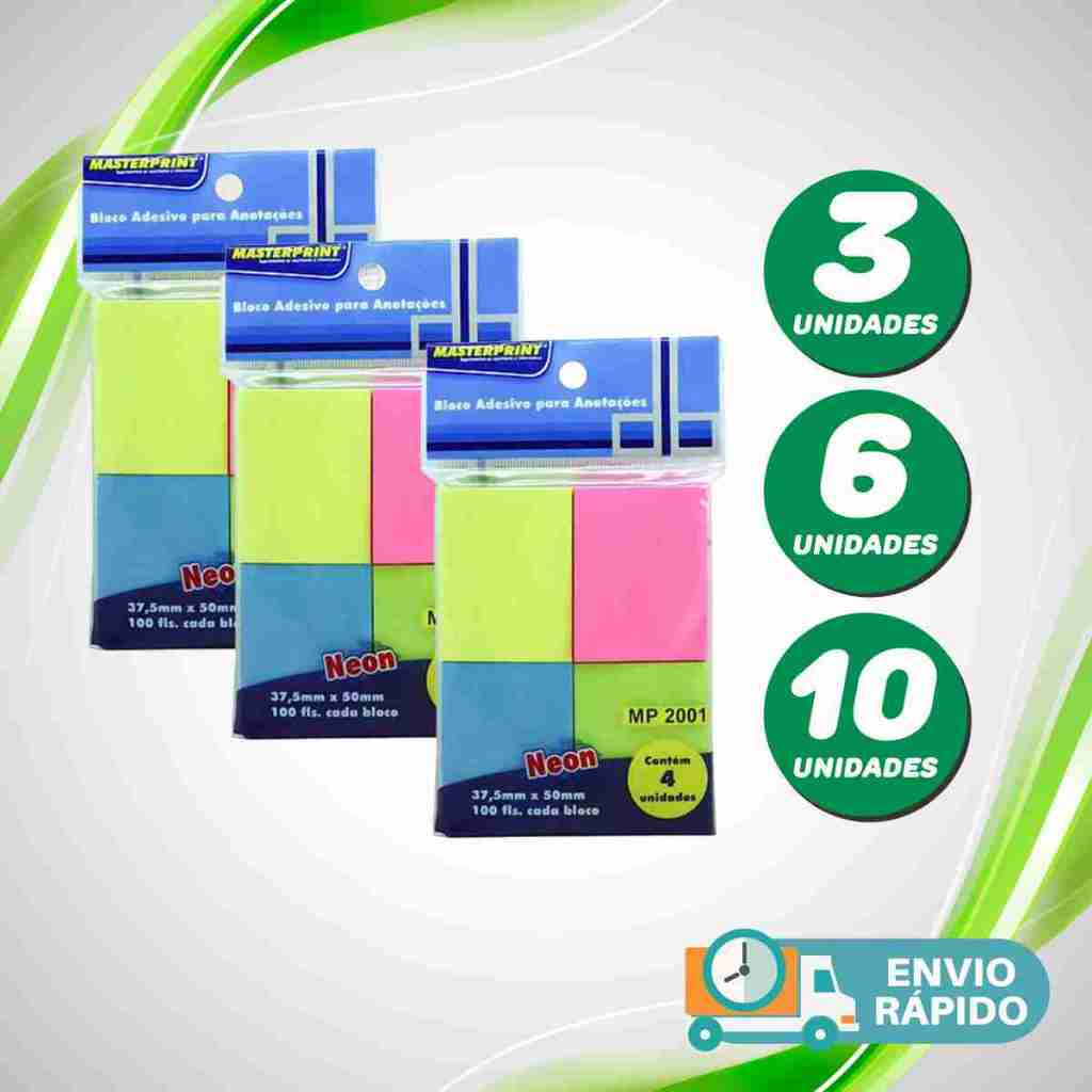 Kit 10 Bloco ADESIVO para Anotações 3,7x5cm Post It Cores Neon