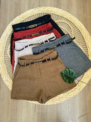 Kit 3 Short Alfaiataria Linho Verão Social Feminino Moda Luxo Tendencia Blogueira Com Cinto e Cintura Alta