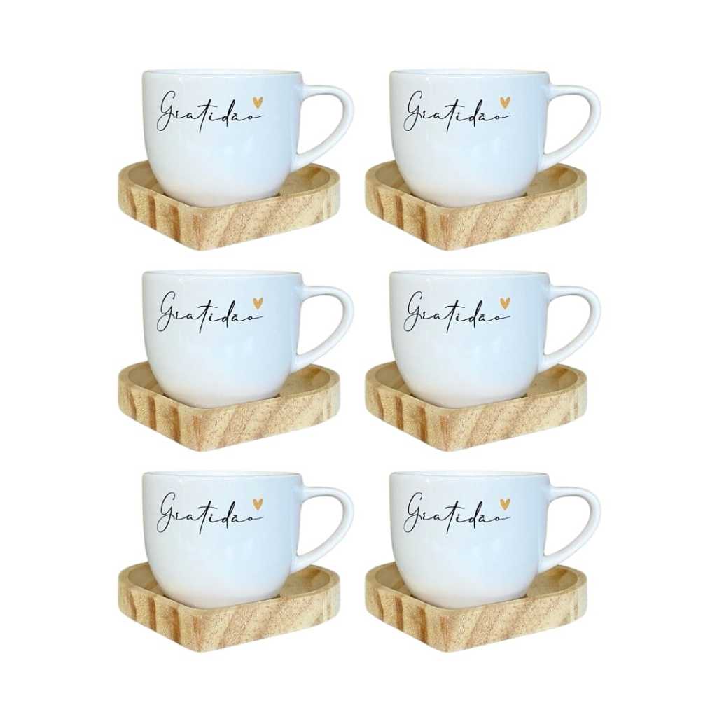Kit 6 Xícaras Paris 170ml Gratidão Moderna Com Pires De Madeira Coração