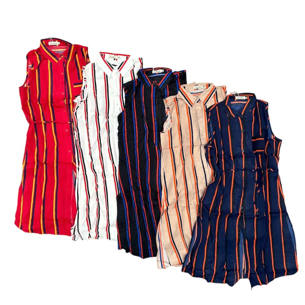 Vestido Chemise sem Manga Listrado Com Cinto Amarração