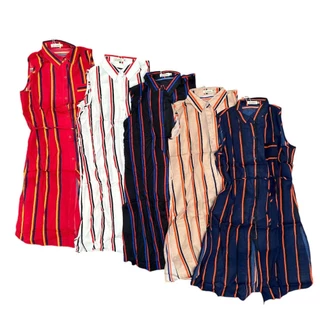 Vestido Chemise sem Manga Listrado Com Cinto Amarração