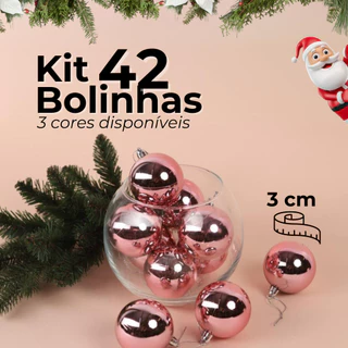 Kit 42 Bolinhas de Natal 3cm Lisa Enfeite Natalino 3 Cores Decoração de Natal Azul, Rosa ou Prata Brilho Intenso
