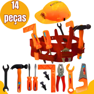 Kit Cinto Infantil De Ferramentas Com Capacete 14 Itens Diversos Brinquedo Para Menino Presente