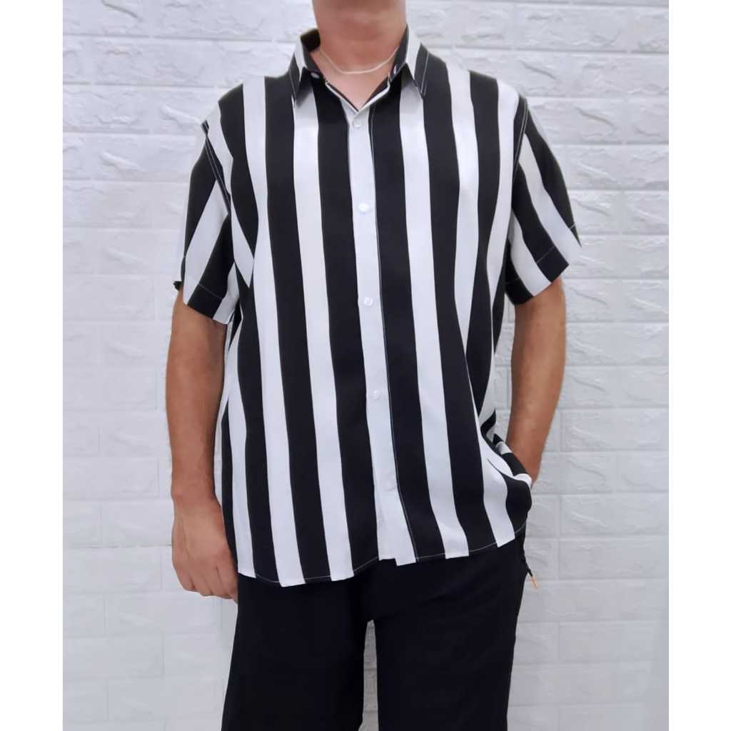 Camisa Masculina Social Plus Size Estampa Listra Manga Curta