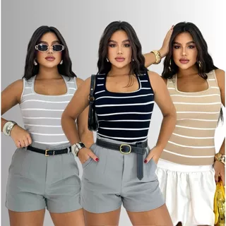 Regata Feminina Canelada Camiseta Blusinha Decote Quadrada Listrada Retro Básica Verão