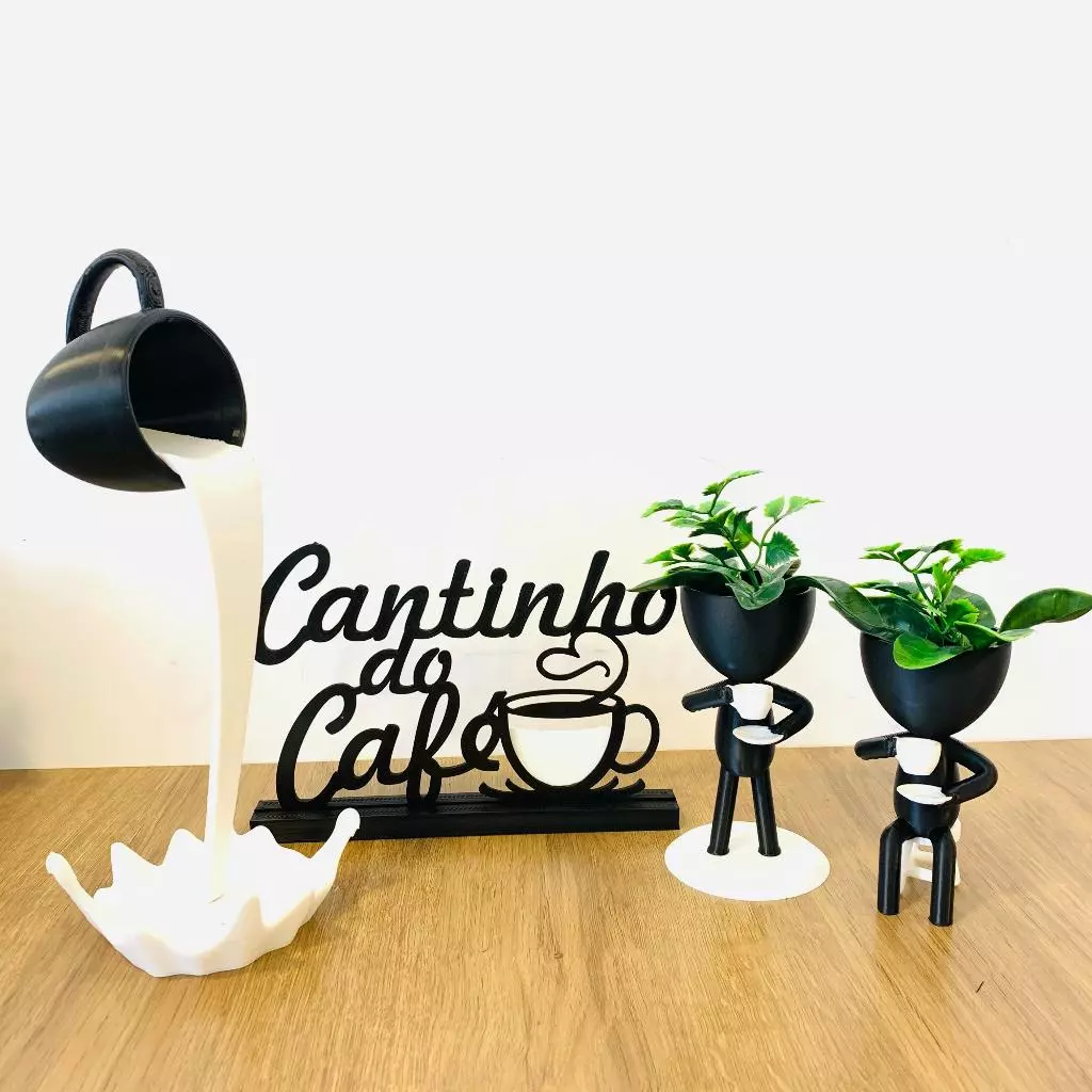 cantinho do café com xícara flutuante e bob com as plantas