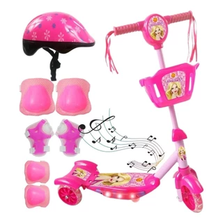 Patinete Led 3 Rodas Kit Proteçao Menina Rosa Infantil Som Capacete