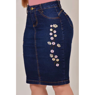 Saia Jeans Escuro Bordada