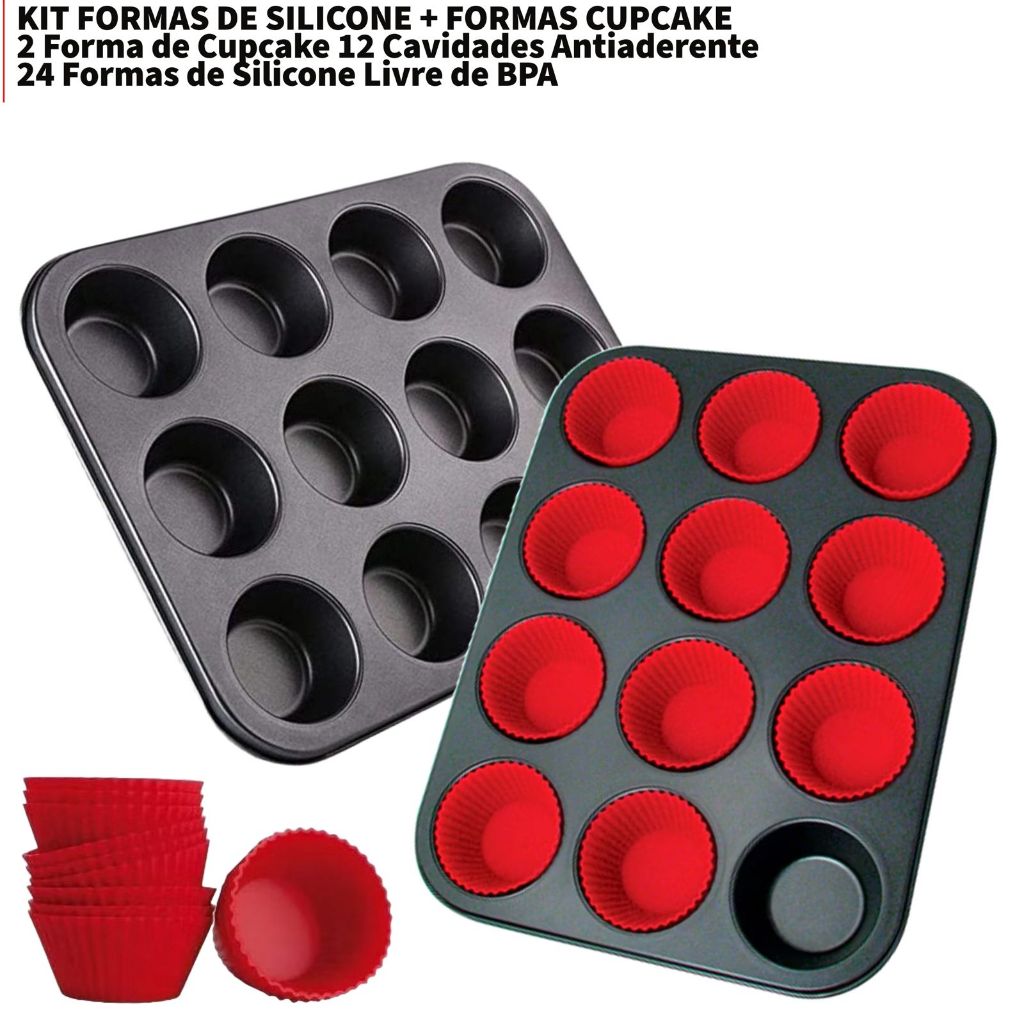 24 Forminhas de Silicone + 2 Formas Assadeira Cupcake Antiaderente Grande 12 Cavidades Pão de Queijo