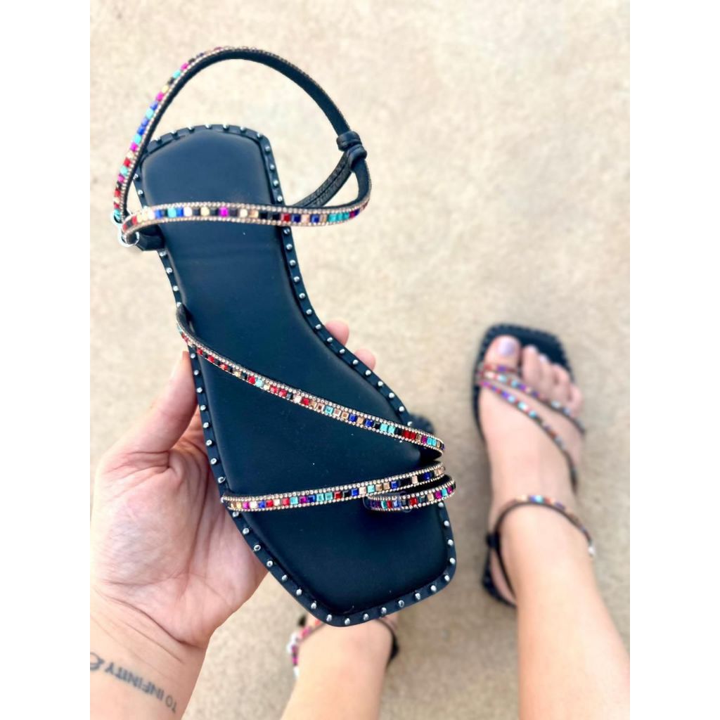 SANDÁLIA RASTEIRINHA COM PEDRAS E BRILHO | Shopee Brasil