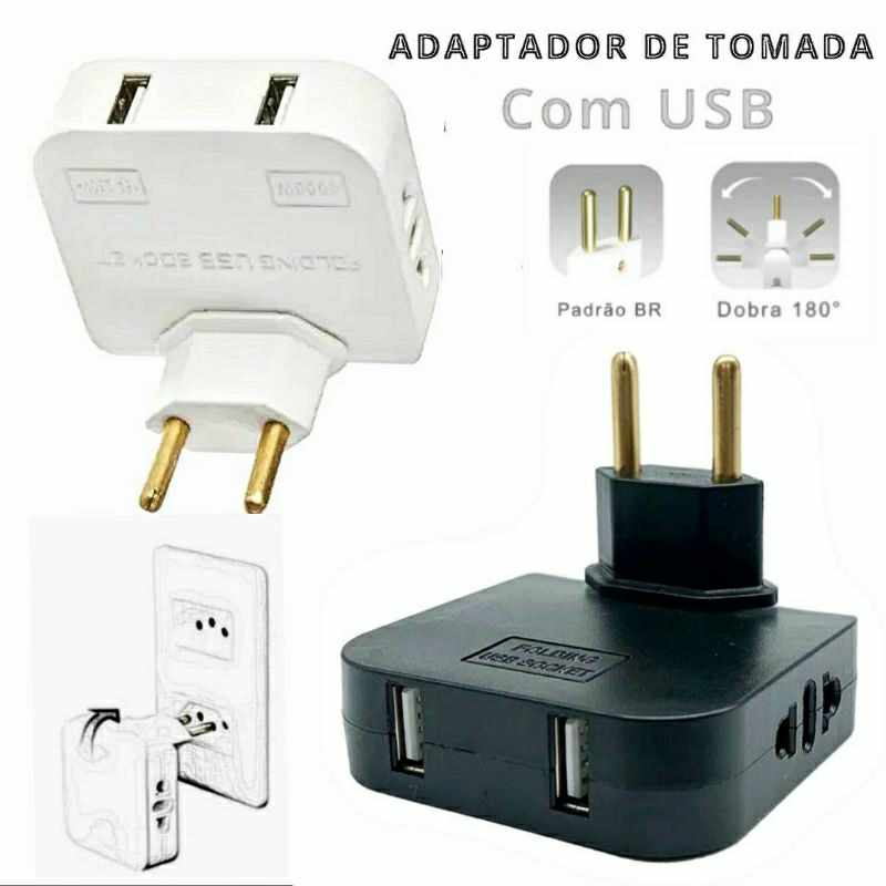 Pino Adaptador de Tomada com USB Plug Elétrico Flexível Dobrável Benjamim