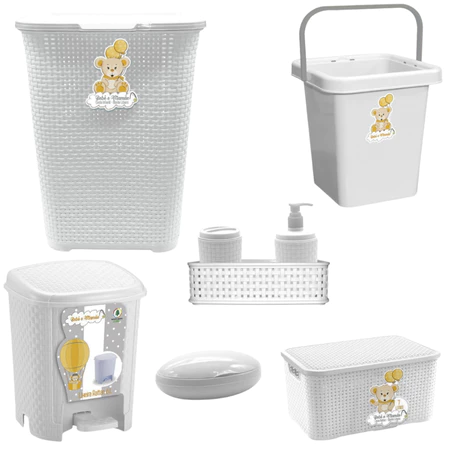 Kit cesto roupas quarto bebê organizador infantil rattan lixeira balde caixa multiuso  kit higiene
