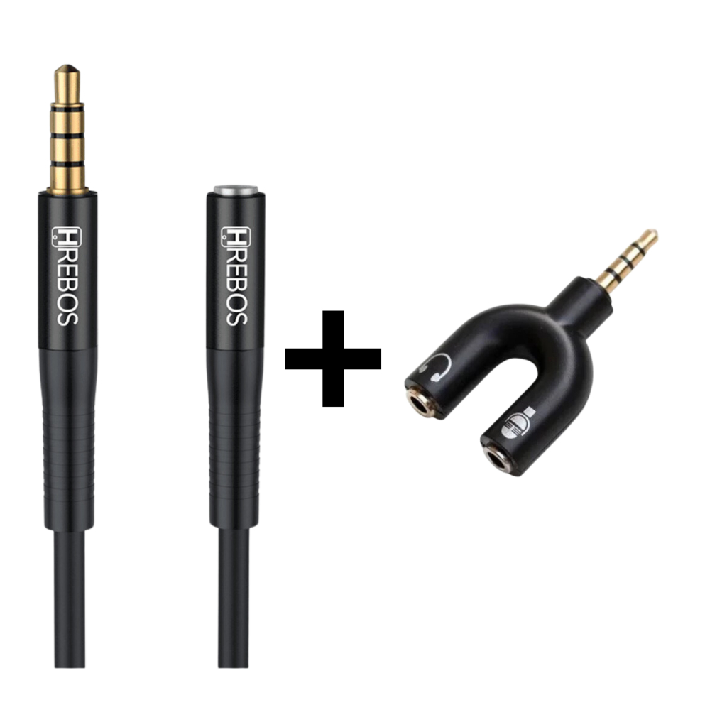 Cabo Prolongador P2 de 1 Metro para Fones de Ouvido + 1 Plug Adaptador Divisor p2 p3