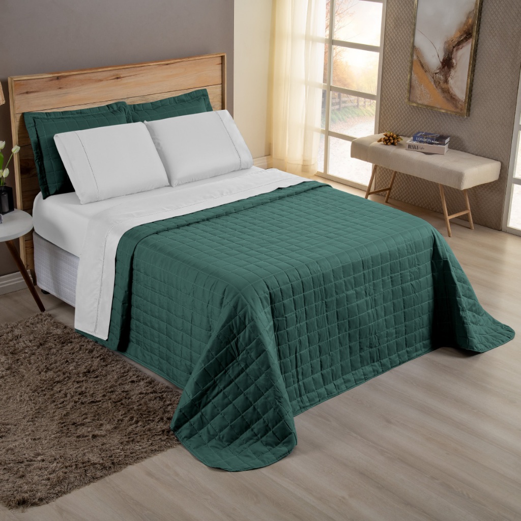 Kit 07 Peças Queen Colcha Cobre Leito + Lençol Roupa de Cama Completa 400 Fios Pastilhado Moderno