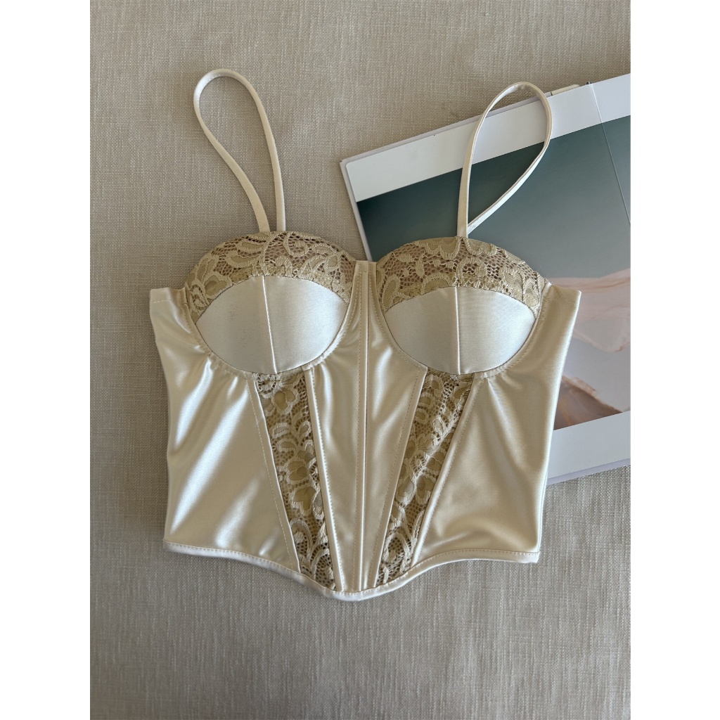 Corset Cropped De Renda Feminino Acetinado Com Alça ，Amarrar na costa ...