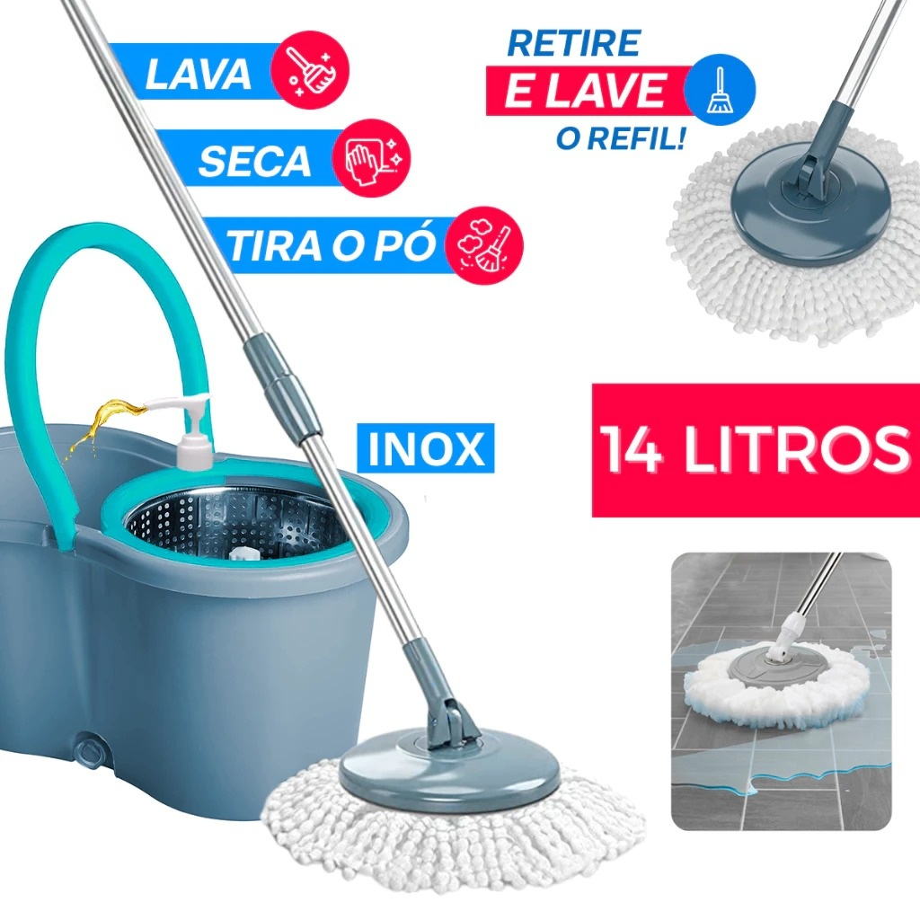 Mop Giratorio 14L Centrífuga Inox Rodo de Limpeza Esfregao Mopi Grande Mobi Grande De Casa