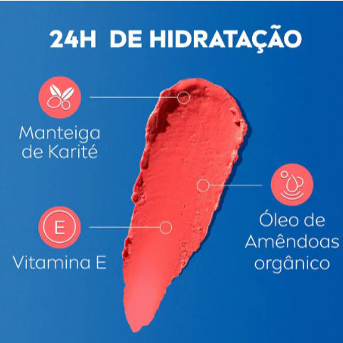 Ilustração da textura do produto com indicação dos ingredientes manteiga de karité, vitamina E e óleo de amêndoas orgânico