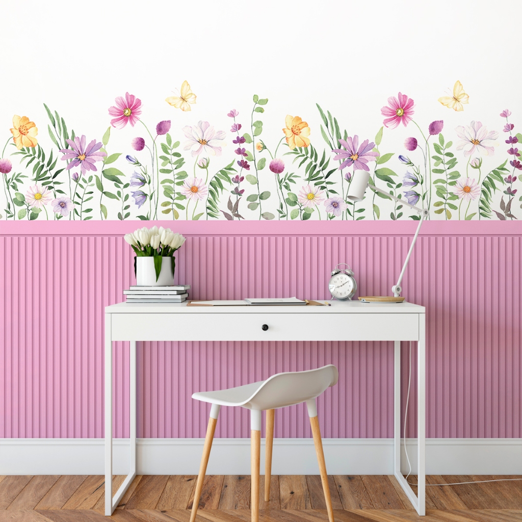 Papel de Parede Adesivo Ripado Floral Rosa Com Flores Coloridas - Vinil ...