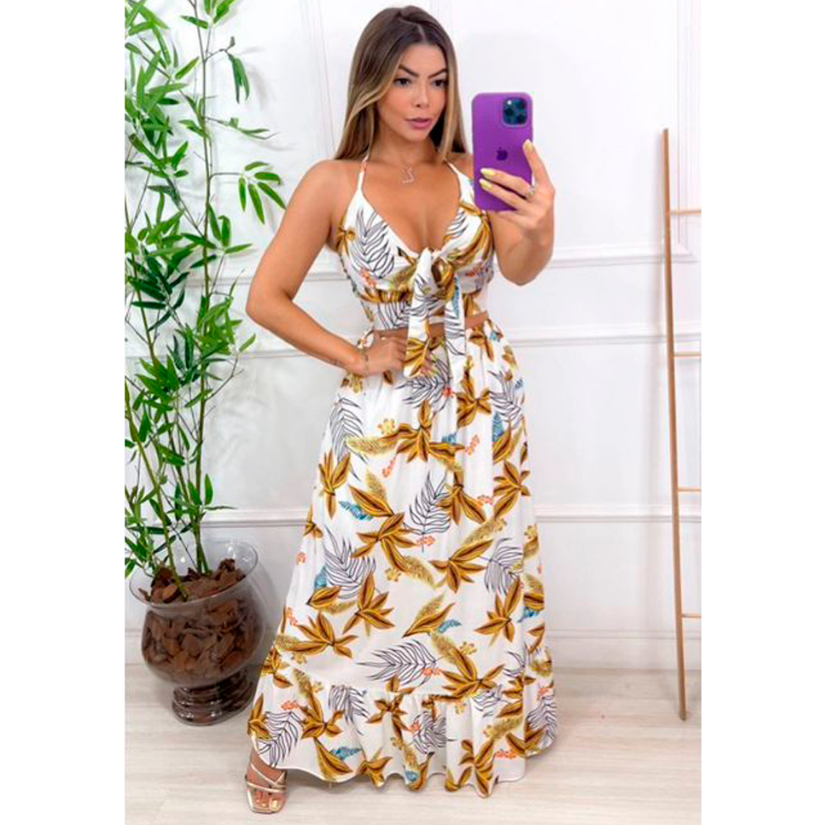 Conjunto Saia longa com cropped florido/babado/laço frente/Viscose Arco ...