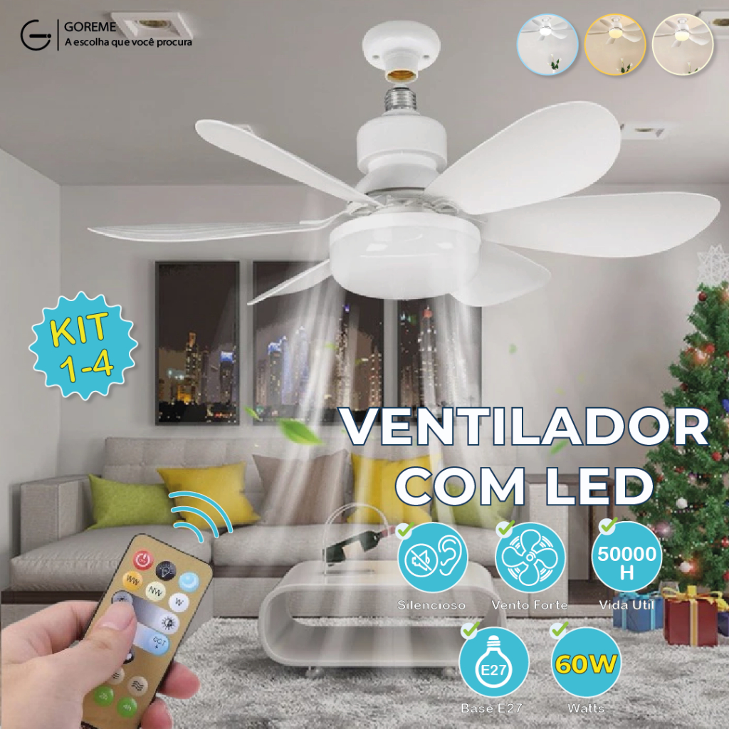 Ventilador de Teto com LED Lâmpada E27 Com Controle Remoto Bivolt 60W Luminária Economica de Energia 6 lâminas 110V-220V