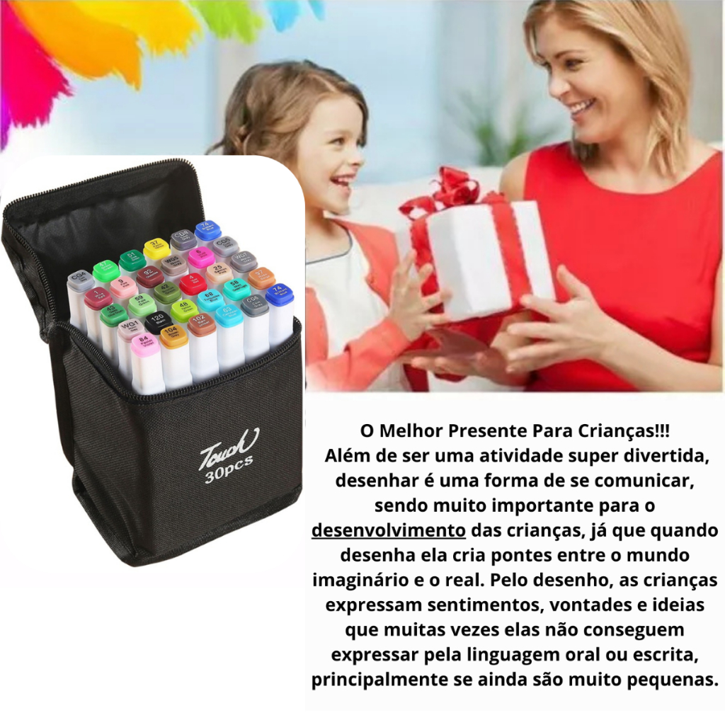 Marcadores Canetinhas Coloridas Escolar Ponta Dupla 30 Cores