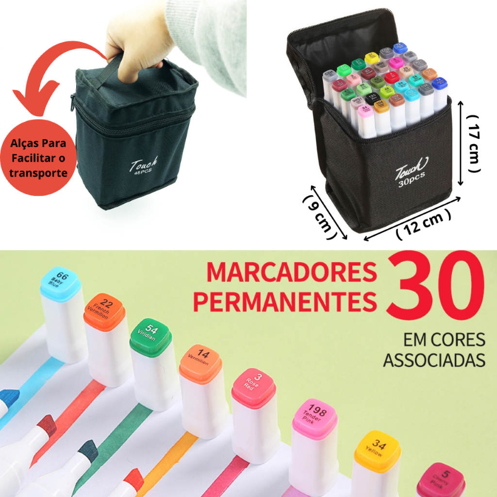 Marcadores Canetinhas Coloridas Escolar Ponta Dupla 30 Cores