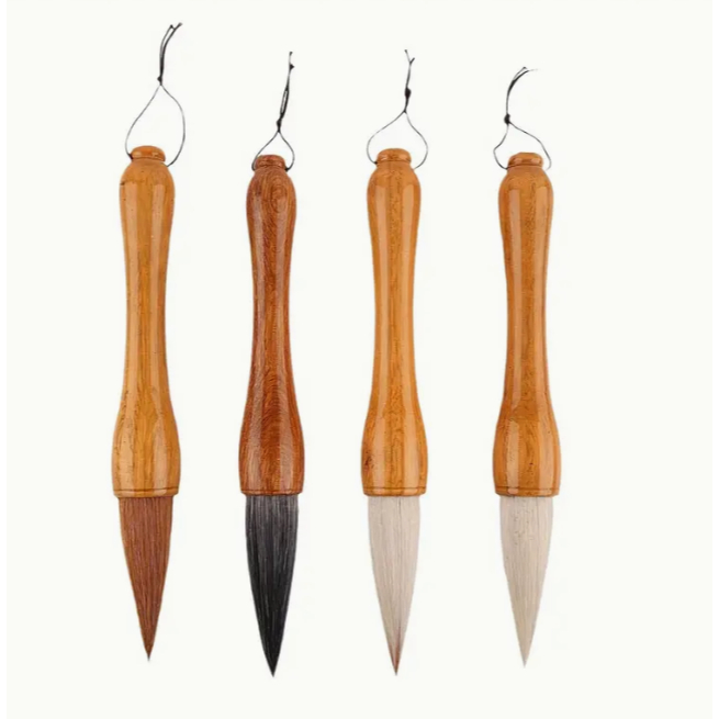 Kit 4x Pincél Sumi-e Pelo Natural Cabo Madeira