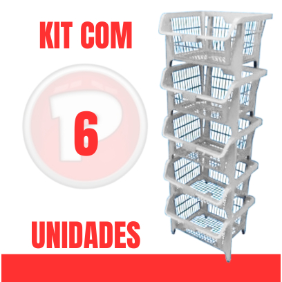KIT 6 Cesto Empilhavel Expositor Organizador BRANCO GELO c/ 