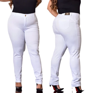 Calça Jeans Feminina Plus Size Branca com Lycra Cintura Alta Modelagem Empina Bumbum