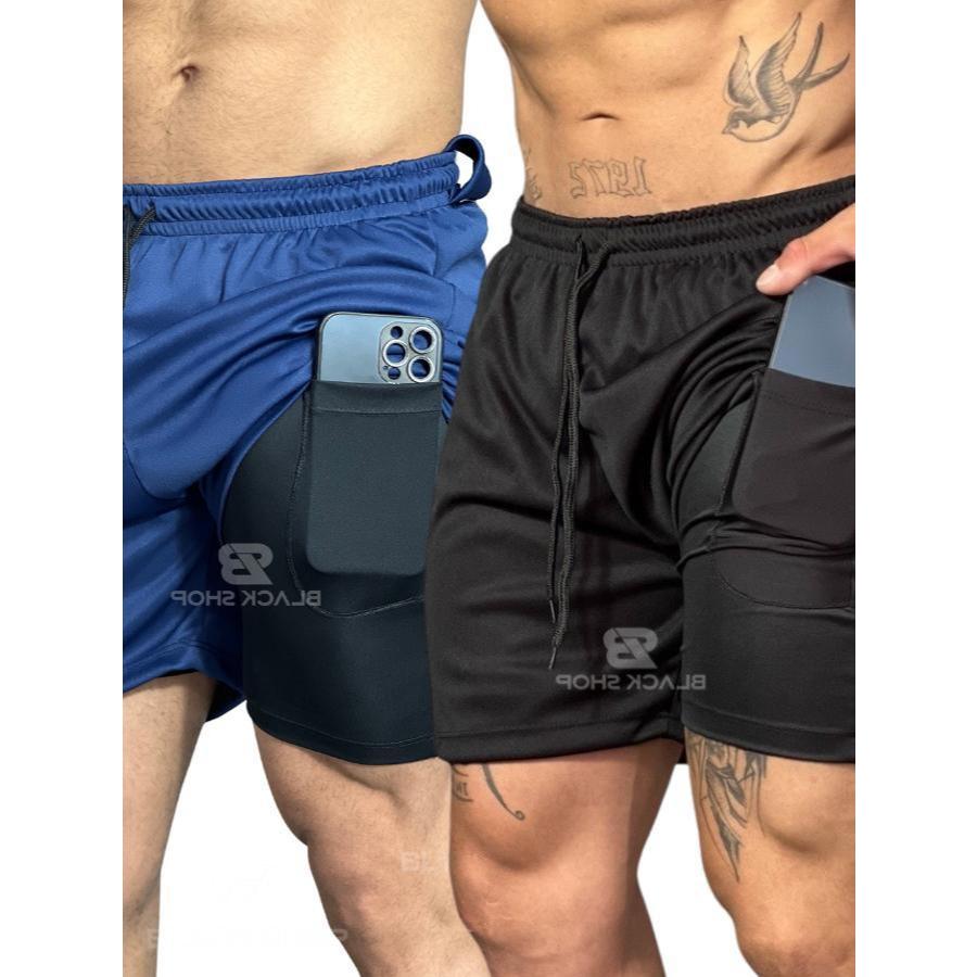 KIT 2 Short RUN 2 em 1 Bermuda Academia Masculina Treino Corrida Com Elastano