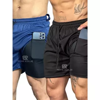 KIT 2 Short RUN 2 em 1 Bermuda Academia Masculina Treino Corrida Com Elastano
