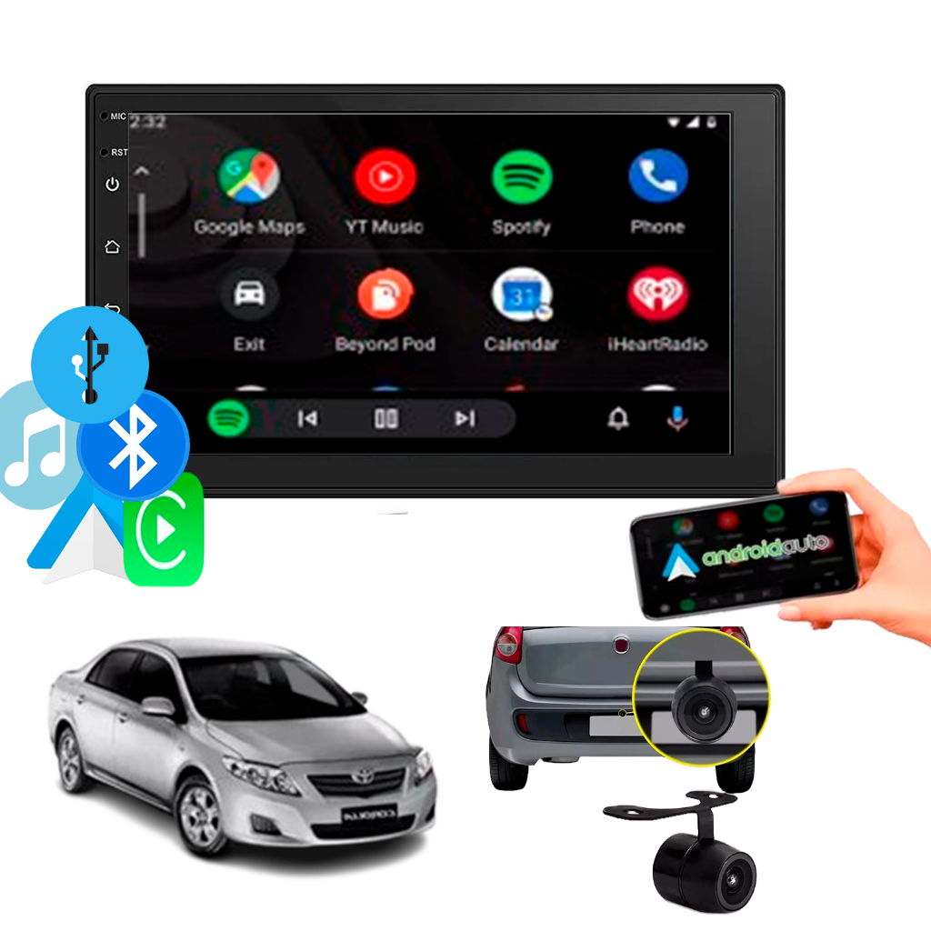 Multimídia MP5 7" CarPlay AndroidAuto S/Fio + Câmera de Ré