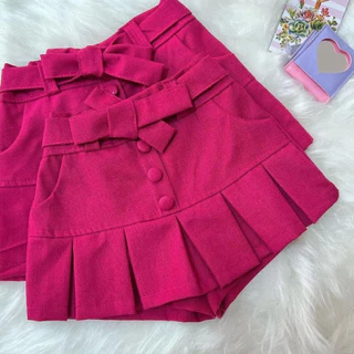 Shorts Saia Infantil Criança Menina Linho Babado Plissado Com Laço Na Cintura