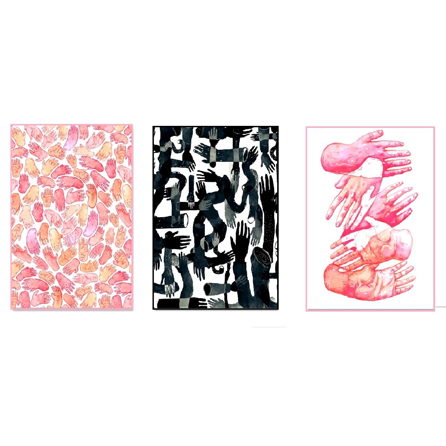 Quadros decorativos Abstrata pink hands minimalista boho (3 peças)