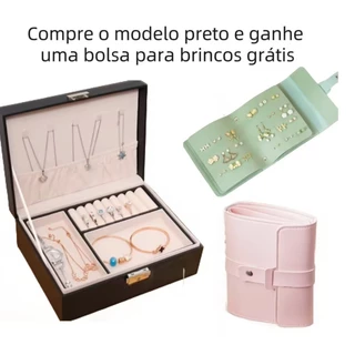 Porta Joia Grande Dupla Camada Multifuncional Couro com Chave