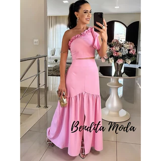 Conjunto feminino saia midi longa e cropped babado lastex estiloso luxo festa casamento