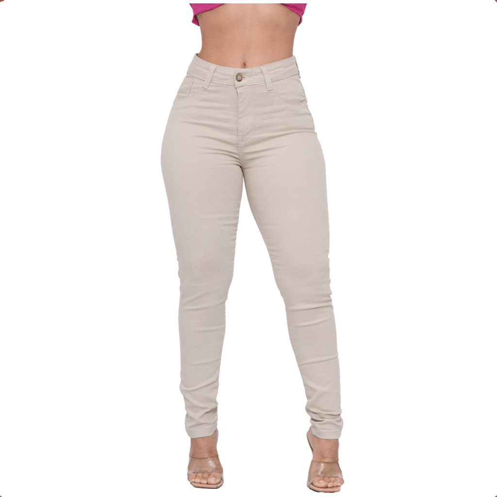 Calça Bege Jeans Feminina Skinny Com Lycra Cintura Alta levanta bumbum ...