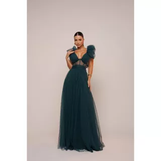 Vestido Glamour Longo Cor Verde Madrinha Festa De Casamento Tecido Tule Liso Com Forro E Bojo 38-40