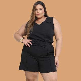 Conjunto Plus Size Feminino Alfaiataria Premium Blusa e Bermuda Com Bolso