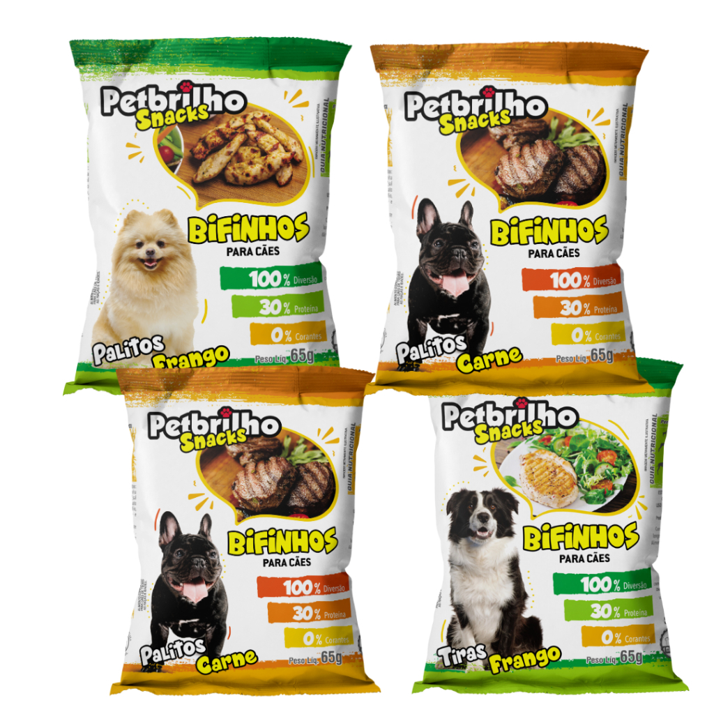 kit com 4 Pacotes de Petiscos Petbrilho Mais economia e diversão para o seu pet!  65g cada em Oferta na Shopee