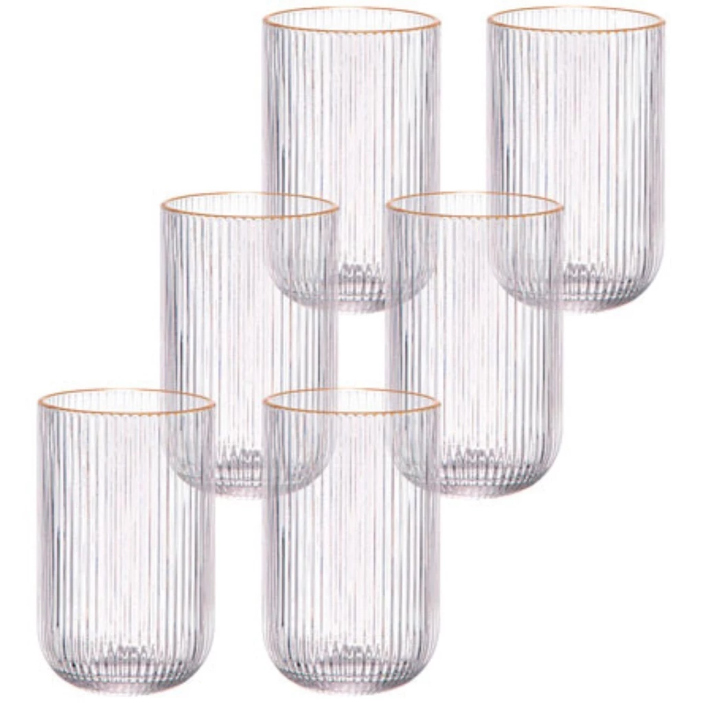 Jogo de 6 Copos de Vidro Cameratta 425ML Borda Dourada Canelado L