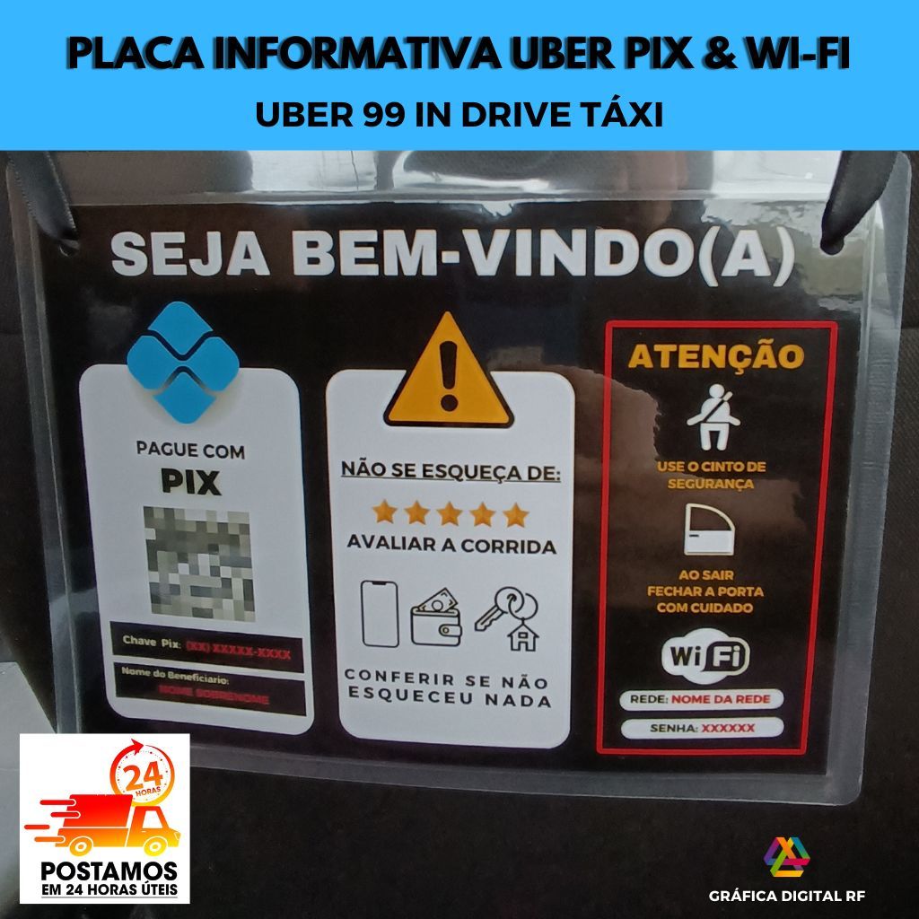 Plaquinha Uber 99 Táxi com Pix & Wi Fi