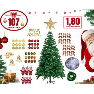 Arvore Natal Decorada 1,80cm 320 galhos Completa Luxo + 107 Enfeites + Pisca LED