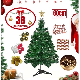 Árvore De Natal Pequena 60cm Com Decoração Completa Promoção 38 Enfeites + Pisca Pisca - Linda!