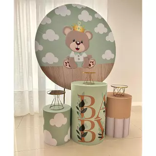 Kit Capas Sublimadas Painel Redondo + Capas Cilindros de Festa Infantil Tema Chá De Bebê